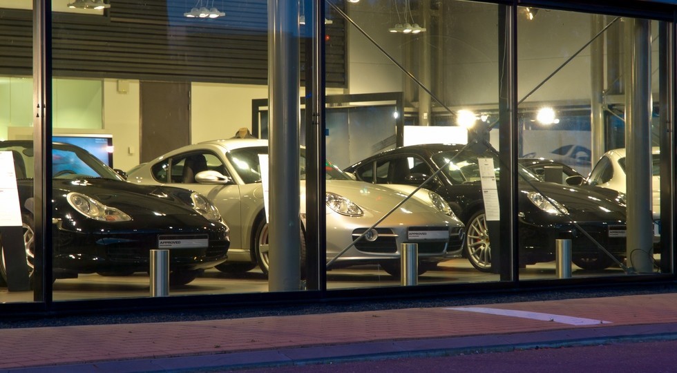 luxury cars at a dealership