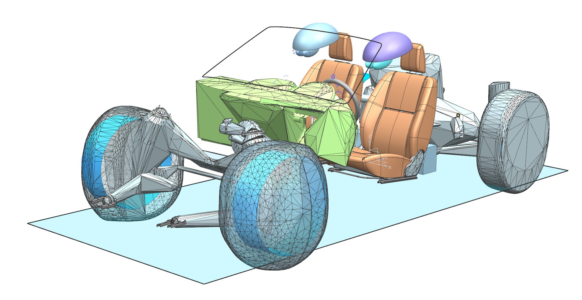 Одна из стадий 3D-проработки эргономики родстера. Показаны элементы, влияющие на посадку манекенов и обзорность
