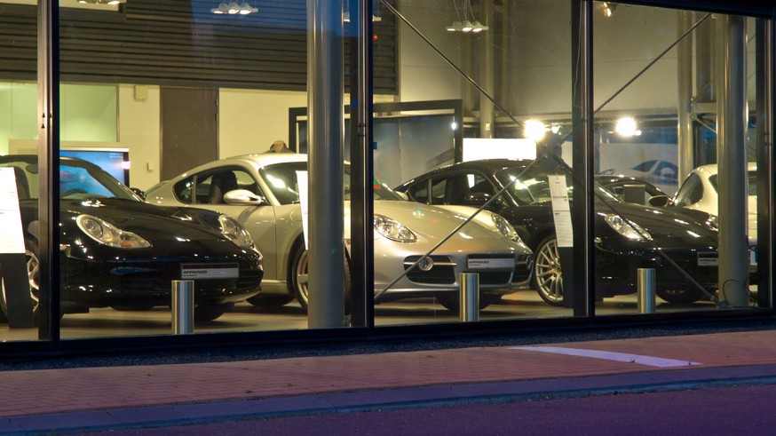 luxury cars at a dealership