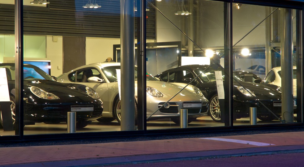 luxury cars at a dealership