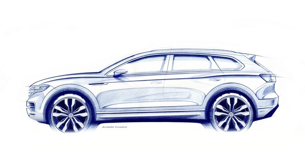 Официальное изображение нового Volkswagen Touareg. Кроссовер еще не представлен, он дебютирует в марте 2018 года