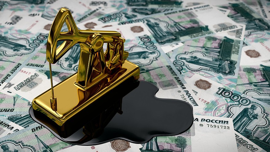 Golden Pumpjack And Spilled Oil Over Russian Rubles