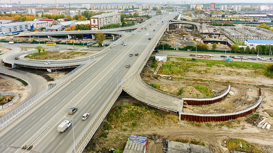 Aerial view of highway interchange of modern urban city