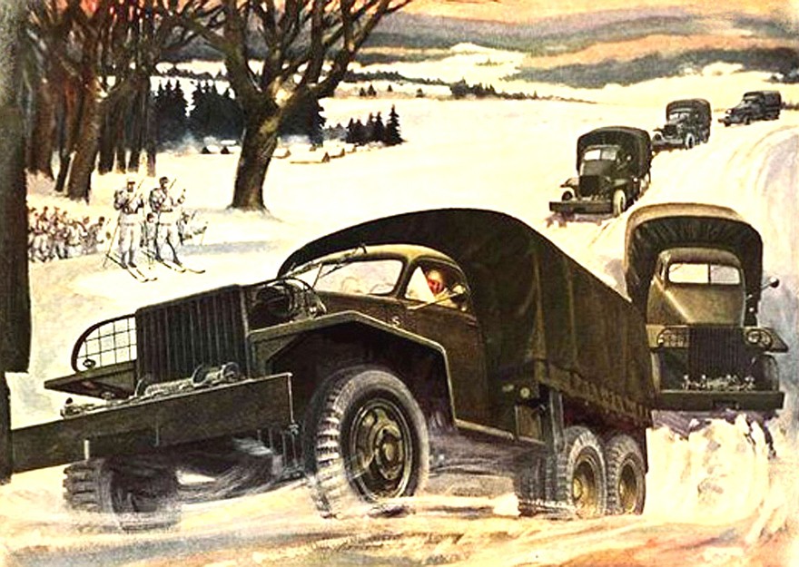 Живописная батальная сценка «Грузовики Studebaker в снегах России»
