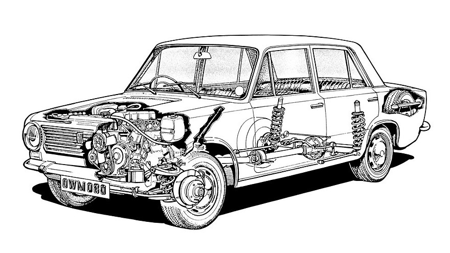 Fiat 124 оснащался дисковыми тормозами на всех колёсах, что хорошо заметно на «рентгеновском» рисунке праворульной модификации для рынка Великобритании