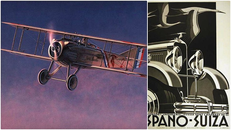 Самолет мсье Гинемера и первые проспекты седанета Hispano-Suiza, выпущенные в его честь.
