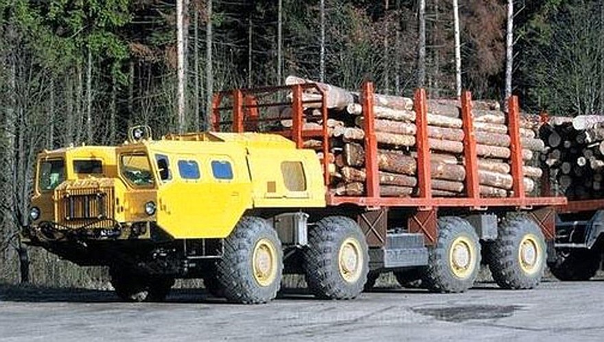 Автомобиль-сортиментовоз МАЗ-73136 с прицепом для перевозки спиленной древесины