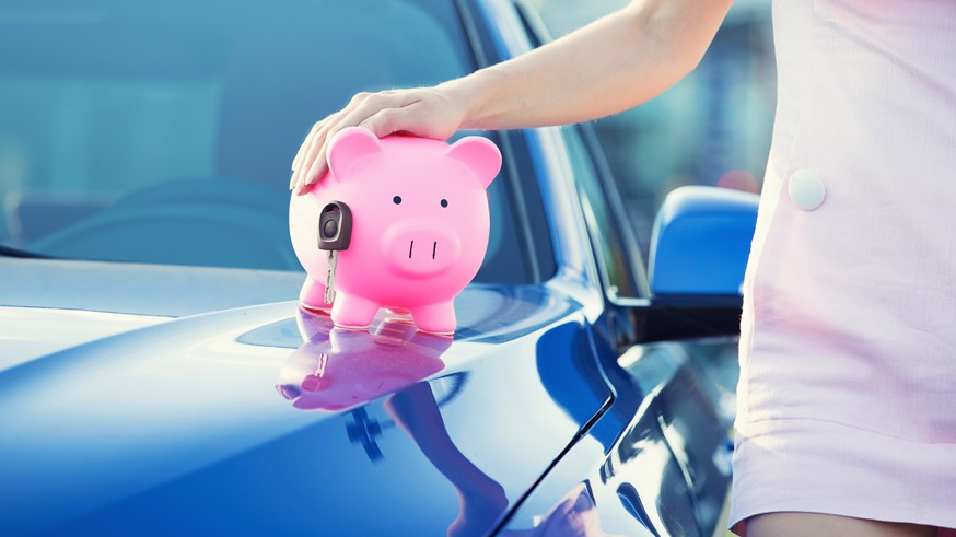 woman customer, agent and new car, pink piggy bank key on hood