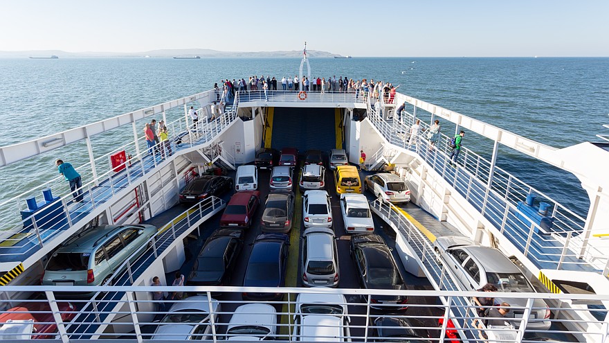 crimea, kerch ferry swimming with cars and tourists
